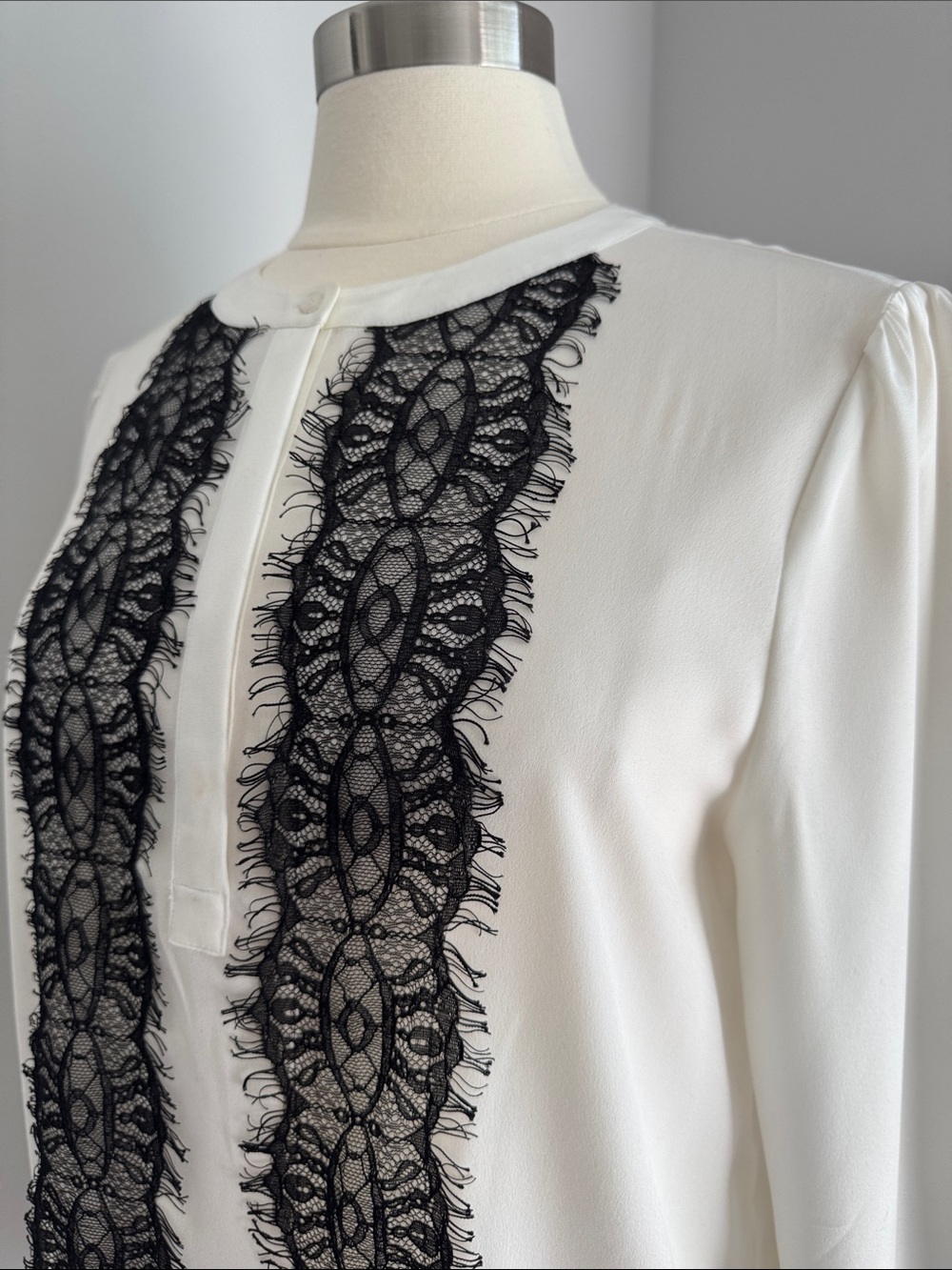 J. Crew Blouse Front Black Lace Inserts Ivory Semi Sheer Medium
